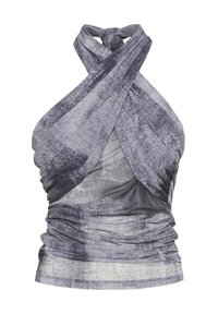 Grå rynkad halterneck-top med knutet nackstycke, tillverkad av ett lätt material som har en marmorerad textur och slät yta.
