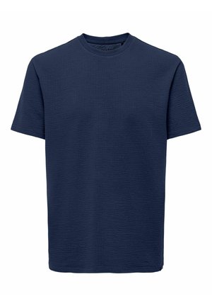 Marineblauw T-shirt met korte mouwen van een structuur met wafelachtige stof. Heeft een ronde hals en een rechte zoom.