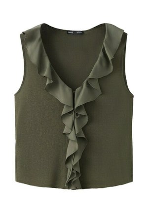 Blouse sans manches vert olive avec un profond décolleté en V et un volant en cascade le long du centre avant.