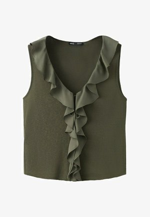Blusa verde oliva senza maniche con scollo a V profondo e bordo con balze che scendono lungo il centro frontale.