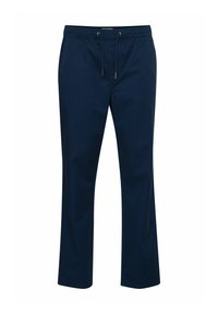 Navyblauwe broek met een trekkoord in de taille, recht afgesneden ontwerp, gladde textuur en zijzakken. Minimale details verhogen de functionaliteit.