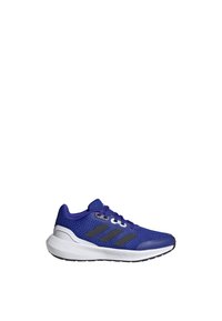 Scarpe sportive blu con tomaia in mesh, dettagli grigi e suola in gomma bianca. Presentano un colletto imbottito e un design con lacci per una vestibilità sicura.