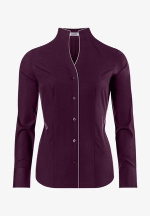 Maroon long-sleeve shirt with a high collar, button-front closure, and white piping details along seams. Smooth, textured fabric.