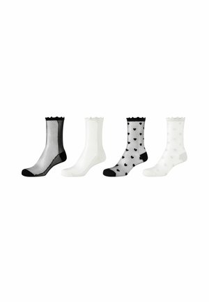 Cztery pary przezroczystych skarpetek do kostek w kolorach czarnym i białym, dwie jednolite i dwie z wzorem serc, każda z marszczonymi końcówkami.