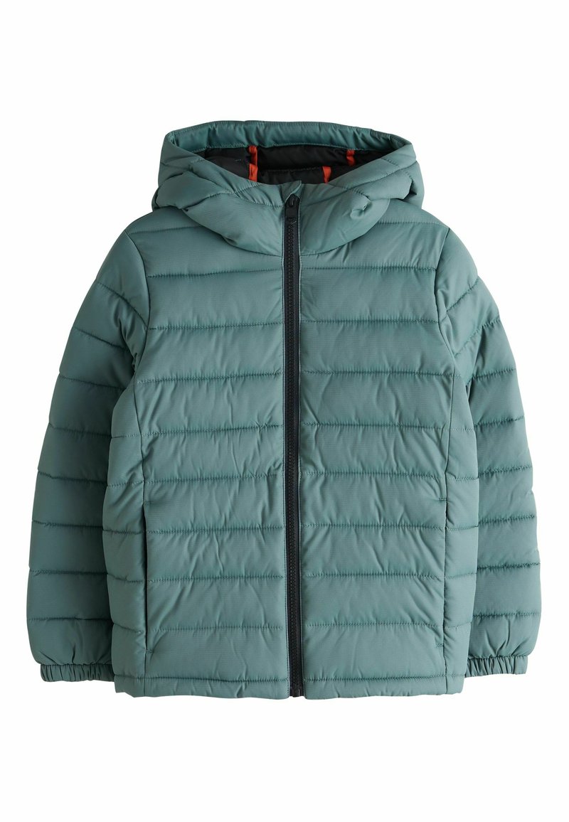 Light green puffer jacket with a hood, featuring horizontal quilted texture, a full-length front zipper, and elastic cuffs.
