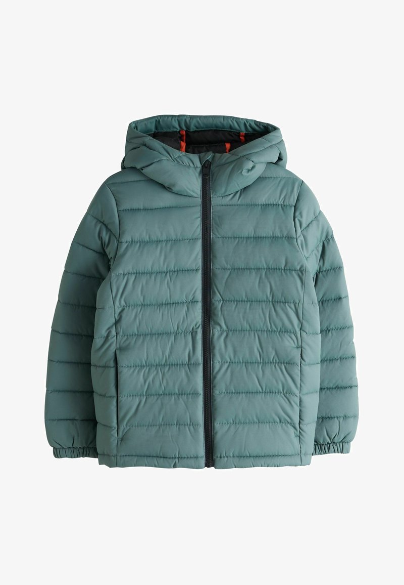 Light green puffer jacket with a hood, featuring horizontal quilted texture, a full-length front zipper, and elastic cuffs.