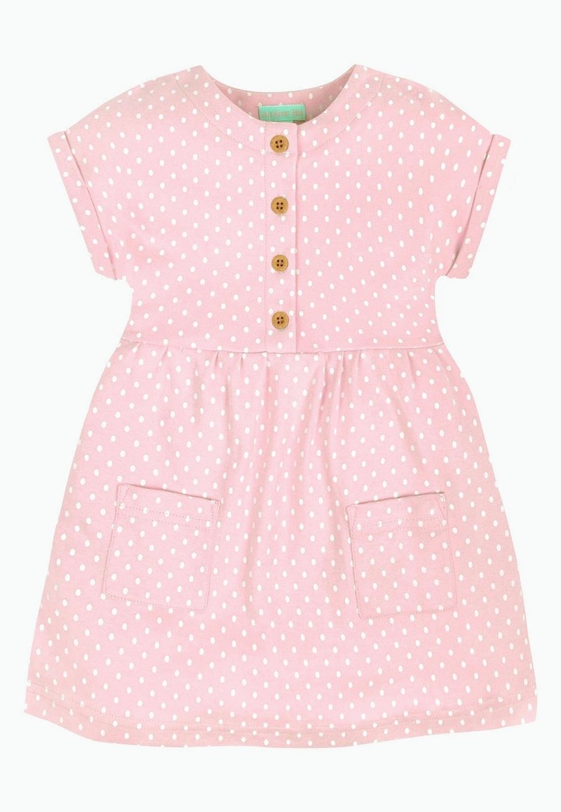 Vestido de algodón de lunares rosa con escote redondo, mangas cortas, cierre de botones en la parte frontal y dos bolsillos de parche en la parte delantera.