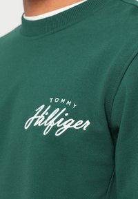 Grønn genser med ribbet crew-hals og brodert hvit "TOMMY HILFIGER"-logo på brystet. Myk, teksturert stoff.