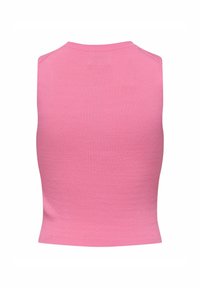 Top aderente senza maniche in morbido tessuto lavorato a coste rosa. Presenta un collo alto e una texture liscia e elastica. Senza decorazioni visibili.