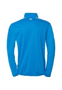 Langærmet jakke i klar blå, med høj krave, glat tekstur, hvide detaljer og et lille logo på ryggen.