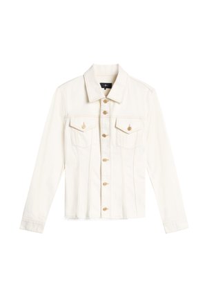 Off-white spijkerjack met knoopsluiting aan de voorkant, twee borstflapzakken, lange mouwen en een spitse kraag.