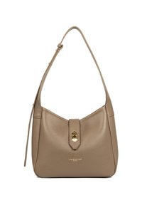 Sac à bandoulière en cuir marron avec une finition texturée, un fermoir en métal doré et une seule sangle pour un port à l'épaule. Présente le logo de la marque.