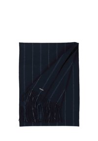 Sciarpa di lana di un blu navy scuro con strisce azzurro chiaro, rifinita con frange nere. Presenta un piccolo tag metallico vicino al bordo.