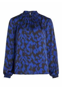 Bluzka z długim rękawem w niebiesko-czarny wzór zwierzęcy. Posiada falbaniasty dekolt i elastyczne mankiety, wykonana z gładkiego, lekkiego materiału.
