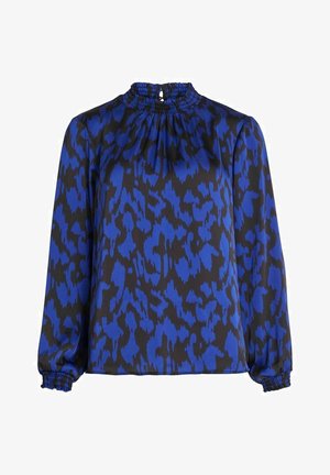 Langärmlige Bluse im blauen und schwarzen Tierdruck. Sie hat einen gerafften Ausschnitt und elastische Bündchen und besteht aus einem glatten, leichten Stoff.