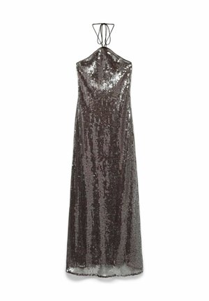 Ärmeloses, bodenlanges Kleid aus Paillettenstoff in verschiedenen Grautönen, mit einem Halterneck und einer zarten Schleife.