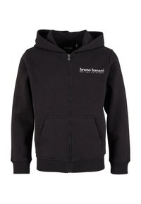 Black zip-up hoodie made of soft fabric, featuring a kangaroo pocket, ribbed cuffs, and a logo printed on the left chest.