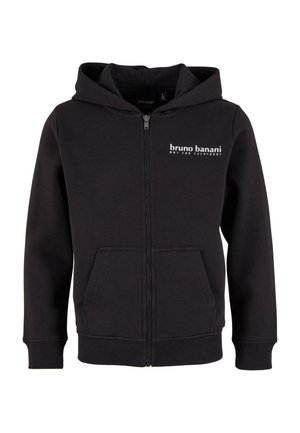 Sort zip-up hoodie lavet af blødt stof, med en kængurupose, ribbede ærmer og et logo trykt på venstre bryst.