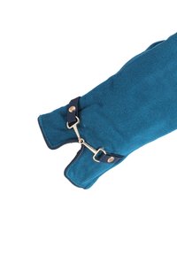 Imbracatura in pile color teal con una cintura in pelle blu navy e hardware dorato, dotata di chiusura a gancio e una texture morbida.