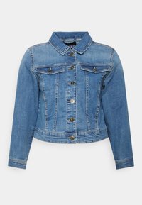 Jeansjacka i ljusblått med krage, två bröstfickor och knappstängning. Har kontrastsömmar och en kort ärm.