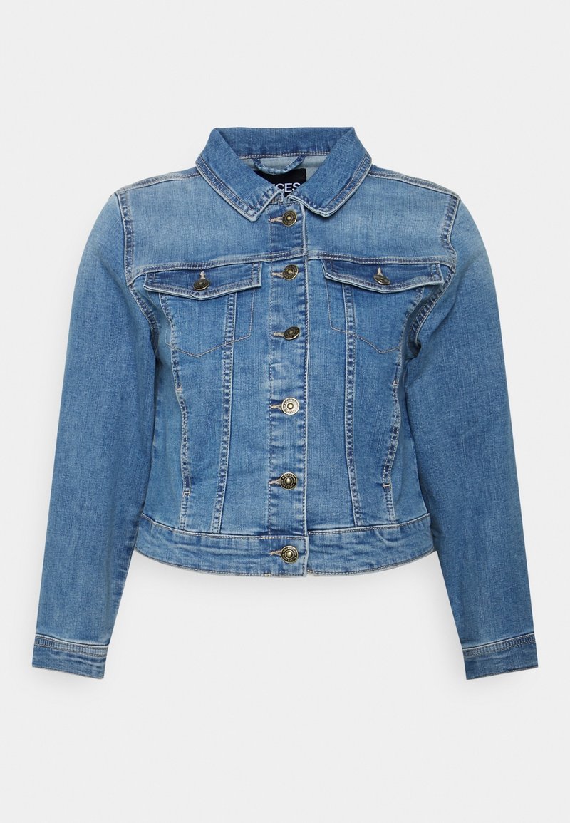 Jeansjacka i ljusblått med krage, två bröstfickor och knappstängning. Har kontrastsömmar och en kort ärm.