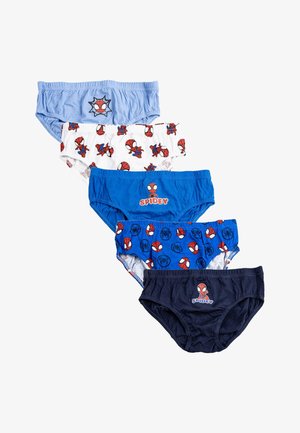 Fünf Paare Kinderunterhosen in verschiedenen Blautönen mit Spider-Man-Motiven, einschließlich Grafiken und Mustern auf dem Stoff.