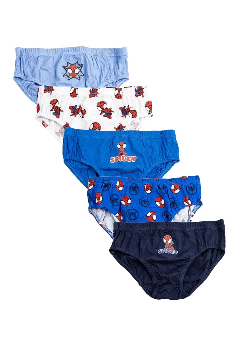 Cinq paires de sous-vêtements pour enfants dans différentes nuances de bleu, arborant des motifs Spider-Man, y compris des graphiques et des motifs sur le tissu.
