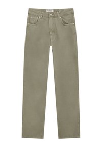 Pantalon droit vert olive avec passants pour ceinture, bouton à l'avant, fermeture éclair et design à cinq poches.