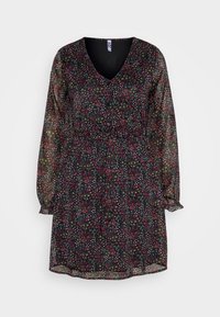 Vestido floral com fundo preto, apresentando um decote em V, mangas longas transparentes e uma cintura elástica. Padrões coloridos de folhas e flores são proeminentes.