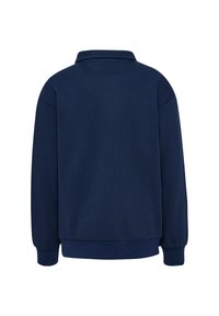 Mörkblå, texturerad sweatshirt med polo-krage, ribbade ärmslut och nederkant. Har en avslappnad passform och en ren, enkel design.