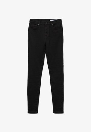 Svarte denimjeans med slank passform, midtstilt midje, fem lommer, metallknapp-lukking og subtile sømdetaljer.