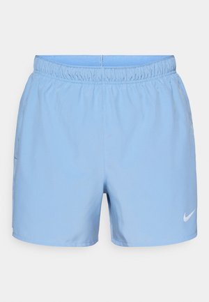 Light blue athletic shorts with an elastic waistband, smooth texture, and a white Nike logo on the bottom right.