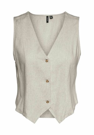 Gilet beige senza maniche con scollo a V, tre bottoni marroni sul davanti e un orlo leggermente a punta.