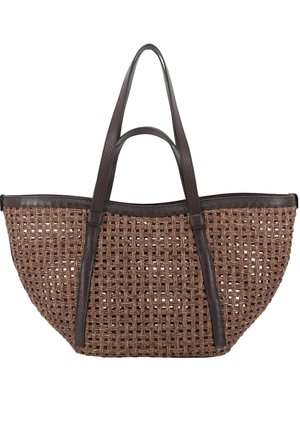 Braune gewebte Tragetasche mit dunkelbraunen Ledergriffen und -besatz, mit offenem Korbgeflechtmuster.