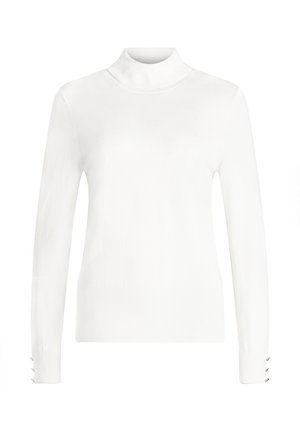 Hvid turtleneck-sweater lavet af blødt materiale, med lange ærmer og ribbede manchetter samt tre knapdetaljer ved håndleddet.