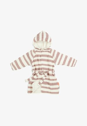 Hættetrøje til småbørn med horisontale beige og hvide striber, lange ærmer og et stofbælte bundet om taljen.