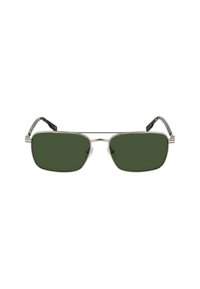 Ochelari de soare metalici cu lentile verzi și formă rectangulară. Brațele au un model țestoasă și accente argintii.