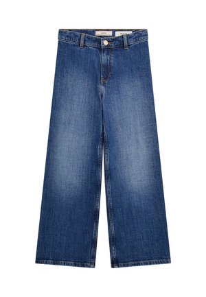 Blautöne Jeans mit weitem Bein, vorn mit Knöpfen und Reißverschluss, Gürtelschlaufen und leichter Verblasstung an den Oberschenkeln, flach auf einem weißen Hintergrund ausgelegt.