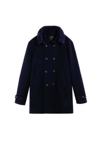 Marineblå uldfrakke med dobbeltradet design, fyldig krave, to forlommer og knappede mansjetter for ekstra detalje.