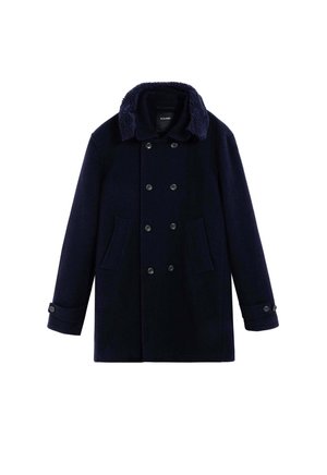 Abrigo de lana azul marino con diseño de doble botonadura, cuello de pelaje, dos bolsillos delanteros y puños abotonados para un detalle adicional.