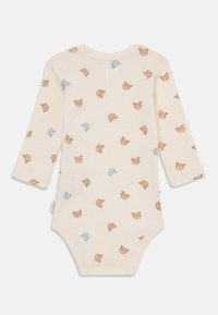 Body per neonati a maniche lunghe in tessuto a coste color crema, con stampa di orsetti a macchie in marrone e azzurro chiaro, colletto rotondo e chiusure a scatto.