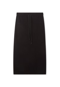 Gonna nera fino al ginocchio realizzata in tessuto morbido, con elastico in vita e coulisse regolabile. Design semplice, senza motivi.