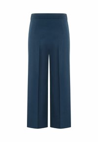 Marineblauwe wijde broek met een soepele textuur, met een hoge taille en voorplooien, afgewerkt met een nette uitstraling en zonder zichtbare hardware.