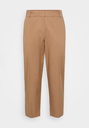 Pantaloni beige realizzati in tessuto liscio, con un taglio dritto, tasche frontali oblique e una finitura pulita senza chiusure visibili.