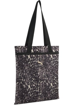 Sac fourre-tout avec imprimé léopard noir et gris, bretelles noires, poche avant zippée et petit logo Puma doré sur le devant.