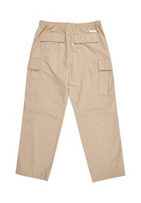 Pantaloni cargo beige con una cintura elastica, due tasche posteriori e tasche laterali con patta. Realizzati in un tessuto resistente con una superficie liscia.