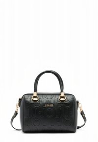 Borsa nera con logo in rilievo, dettagli in metallo dorato, doppie maniglie e tracolla regolabile. Materiale sintetico testurizzato.