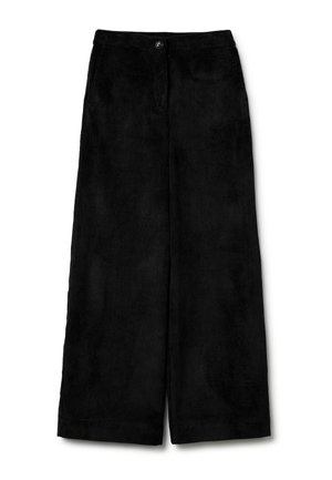Zwarte corduroy broek met wijde pijpen en verticale ribbels. Voorzien van een sluiting met een knoop aan de voorkant en een tailleband, een gladde textuur en een ontspannen pasvorm.