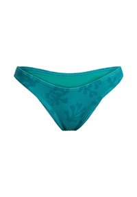 Teal bikiniunderdel med en texturerad mönstring, låg midja och släta kanter. Har ett mjukt, elastiskt tyg för komfort.