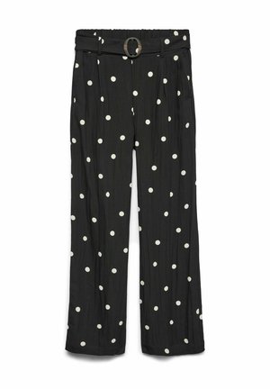 Pantalon noir à jambes larges avec des pois blancs et une ceinture en tissu assortie avec une boucle ronde à la taille.